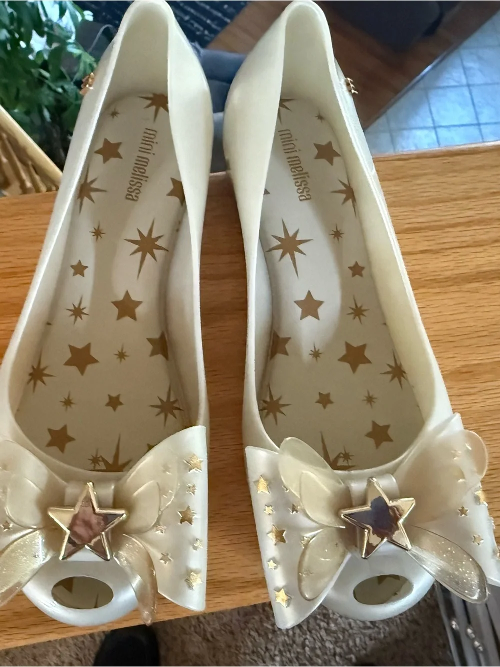 Mini Melissa Girls' Sz 3 Ivory Star Bow Jelly Flats